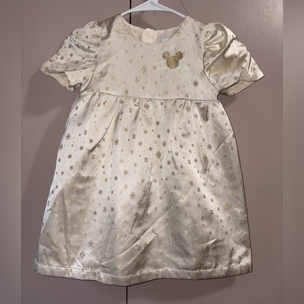 Disney Minnie Mickey Ivory Metallic Gold Snowflake Holiday Dress Toddler Size 4